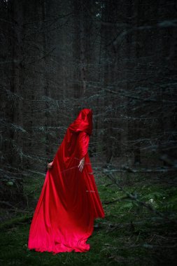 Canlı kırmızı pelerin giymiş gizemli bir kadın alacakaranlıkta karanlık ve yoğun bir ormanda geziniyor. Atmosfer ürkütücü ama büyüleyici, uzun ağaçlarla çevrili..