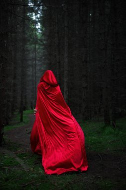 Akan kırmızı pelerinli bir figür karanlık bir ormanda geziniyor. Yolu çevreleyen uzun ağaçlar karanlık çöktüğünde ürkütücü bir atmosfer yaratıyor..