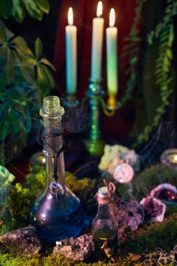 Hafifçe aydınlatılmış bir ortamda, iksir şişelerinin bir koleksiyonu yemyeşil bitkilerin arasında bulunur. Mumlar yakınlarda titreşiyor, büyüleyici gölgeler bırakıyor duman perileri yükselirken, mistik bir hava yaratıyor..