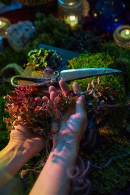 Ellerinde mumlar ve yosunlarla çevrili kurumuş kırmızı otlar var. Gümüş makas yakınlarda duruyor, alacakaranlıkta büyülü bir ortam yaratıyor..