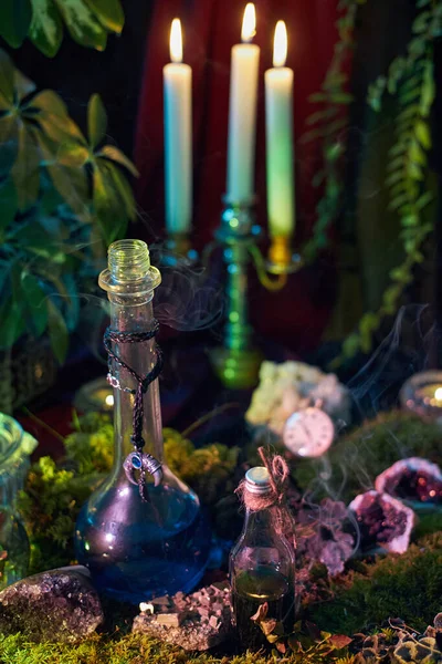 Hafifçe aydınlatılmış bir ortamda, iksir şişelerinin bir koleksiyonu yemyeşil bitkilerin arasında bulunur. Mumlar yakınlarda titreşiyor, büyüleyici gölgeler bırakıyor duman perileri yükselirken, mistik bir hava yaratıyor..
