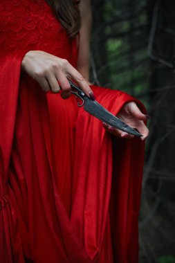 Dalgalı kırmızı bir elbise giymiş bir figür gölgeli bir ormanda elinde keskin bir bıçakla duruyor. Loş ışık ağaçların arasından süzülürken sahne şüphe ve entrika uyandırır..