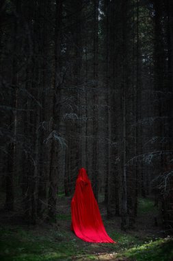 Akan kırmızı bir pelerin giymiş bir figür sık bir ormanda geziniyor. Alacakaranlık yaklaştıkça, uzun ağaçlar karanlık bir atmosfer yaratır..