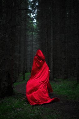 Çarpıcı bir kırmızı pelerinle örtülü bir figür gölgeli bir ormanda geziniyor. Karanlık ağaçlara karşı canlı kumaşların kontrastını yakalayan ruhani sahne gizem ve entrika çağrıştırıyor..