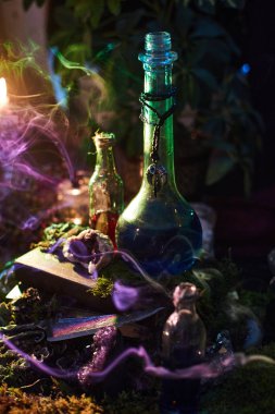 Yosun ve bitkilerle çevrili iksir şişelerinin canlı gösterisi. Enigmatik duman etrafında döner, loş bir alanda büyülü bir atmosfer yaratır..