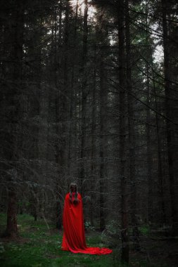 Canlı kırmızı bir pelerinle örtülü olan kişi gece boyunca uzun ve karanlık ağaçlarla dolu sık bir ormanda sessizce durur. Atmosfer rahatsız edici ve gizemli..