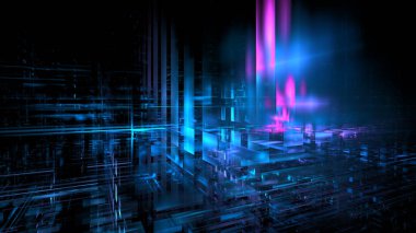 canlı dijital manzara mavi ve pembe renklerde parlayan çizgiler ve şekiller içerir. Sahne, geceleri bir şehre benzeyen fütüristik bir atmosfer yaratıyor. 3d hazırlayıcı