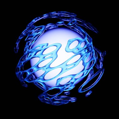 Merkezde canlı mavi küre, etrafında dokuduğu narin, akışkan şekillerle dinleniyor. Siyah arkaplanla karşılaştırıldığında sahnenin manevi kalitesi artar. 3d hazırlayıcı