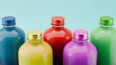 Parlak metal kapaklı beş renkli şişe açık mavi bir yüzeye oturmuş yaz tatili için mükemmel çeşitli ferahlatıcı içecekler sergiliyorlar. 3d hazırlayıcı.