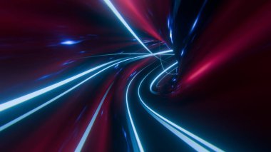 Parlak renkli ışıklar, gelecekteki bir patikayı andıran dinamik bir tünel etkisi yaratmak için kıvrılır ve akar. Işık desenleri, dijital ortamda hız ve hareket olduğunu gösteriyor. 3d hazırlayıcı.