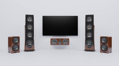 Dört uzun hoparlör ve bir merkez hoparlör beyaz bir duvardaki düz ekran televizyonun etrafını sardı. Uzay, eğlence için sarsıcı bir ses deneyimi sunmak üzere düzenlenmiştir. 3d hazırlayıcı.