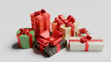 Parlak ambalajlı hediye kutuları düz bir yüzeye yerleştirilir. Çeşitli desenler ve renkler içeriyorlar. Bu da şenlikli bir olay olduğunu gösteriyor. Kırmızı kurdeleler ve fiyonklar her kutuyu süslüyor..