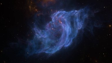 Gaz bulutları uzayda hareket eder ve döner, renkleri ve desenleri gösterir. Uzak yıldızlardan gelen ışık, evrende geniş bir alana yayılan bulutlardan yansıyor. 3d hazırlayıcı.