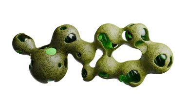 Beyaz arka planda çeşitli içi boş kısımlara sahip yeşil organik form gösteriliyor. tasarım şeffaf bölümler arasındaki ışık oyununu vurgular.