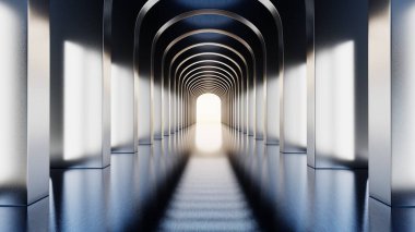 Bir dizi kemeri olan koridor parlak bir çıkışa çıkıyor. Yerler duvarlardan gelen ışığı yansıtıyor. Uzay modern bir tasarıma ve temiz bir görünüme sahiptir. Işık yolun aşağısında derinlik yaratır.