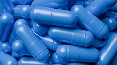 Düz bir yüzeye yayılmış parlak mavi kapsüllerin toplanması pürüzsüz yüzeylerini ve yuvarlak uçlarını sergiliyor, canlı renklerini ve tasarımlarını vurguluyor. 3d hazırlayıcı.