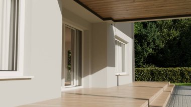 Ev bir bahçeye bağlı büyük bir ahşap verandaya sahiptir. Açık renkli duvarlarda ve ahşap zeminde güneş ışığı parlıyor ve etkinlikler için parlak bir açık hava alanı oluşturuyor. 3d hazırlayıcı.