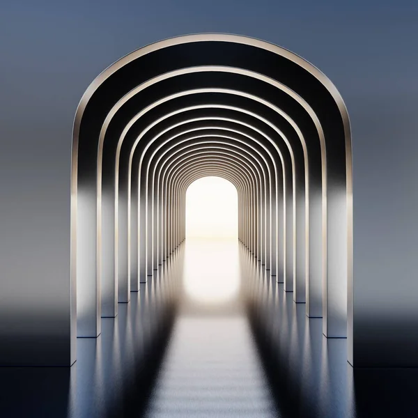 Kemerlerden yapılmış uzun bir tünel parlak bir ışığa çıkıyor. Uzay loş ama sondaki ışık güçlü bir kontrast oluşturuyor. Tünelin ışığı yansıtan pürüzsüz bir zemini var..