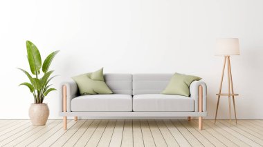 Yastıklı modern kanepe ahşap zeminli bir odada oturuyor. Yeşil bitki yakınlarda duruyor ve bir köşede bir lamba var. Işık boşluğu doldurur ve rahat bir his yaratır. 3d hazırlayıcı.