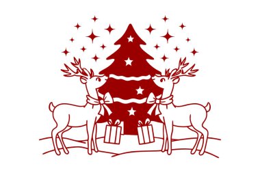 Yıldızlarla çevrili ışıl ışıl bir Noel ağacının altında birbirine bakan iki ren geyiğini gösteren bayramlık bir sanat eseri. Noel kartları, dekorasyonlar ve mevsimlik dijital tasarımlar için mükemmel..