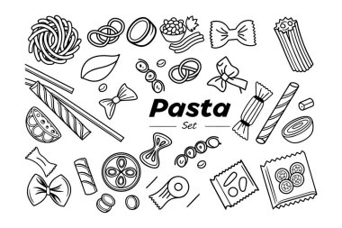 Klasik İtalyan eriştesi ve şekillerinin klasik çizgilerinin yer aldığı çok güzel detaylı bir makarna seti. Yemek ambalajı, menüler, mutfak baskıları ya da mutfak tasarımı projeleri için mükemmel..