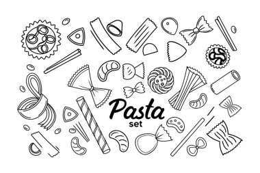 Klasik İtalyan eriştesi ve şekillerinin klasik çizgilerinin yer aldığı çok güzel detaylı bir makarna seti. Yemek ambalajı, menüler, mutfak baskıları ya da mutfak tasarımı projeleri için mükemmel..