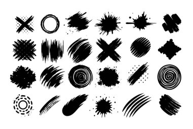 A bold collection of black brush strokes, ink splatters, smears, and scribble textures with spray paint effects. Perfect for logos, grunge backgrounds, and creative graphic designs.