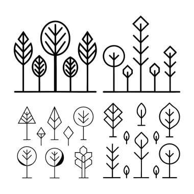 Elegant collection of minimal linear tree icons featuring clean outlines and modern simplicity. Perfect for eco branding, nature infographics, and environmental design projects.