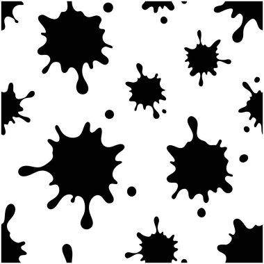 Abstract ink spray seamless pattern featuring bold black blots on a clean white background. Ideal for grunge design, backgrounds, wallpapers, packaging, and digital art projects.