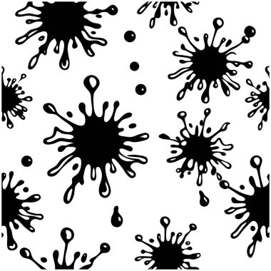 Abstract ink spray seamless pattern featuring bold black blots on a clean white background. Ideal for grunge design, backgrounds, wallpapers, packaging, and digital art projects.
