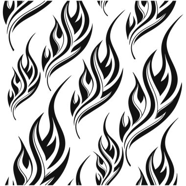 A black and white seamless fire pattern featuring bold flames in minimalist style. Perfect for wallpapers, fabric prints, backgrounds, and digital art projects.