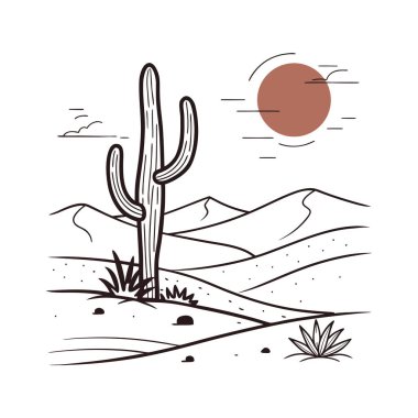Kaktüs, parlak güneş ve yumuşak kumlu tonlardan oluşan temiz ve modern bir çöl manzarası. Posterler, ev dekorasyonu ya da minimalist estetiği olan batı esinlenilmiş tasarım projeleri için mükemmel..