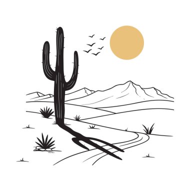 Kaktüs, parlak güneş ve yumuşak kumlu tonlardan oluşan temiz ve modern bir çöl manzarası. Posterler, ev dekorasyonu ya da minimalist estetiği olan batı esinlenilmiş tasarım projeleri için mükemmel..