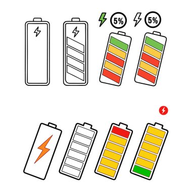 Temiz taslak biçiminde renkli pil seviyesi gösterge simgeleri. UI, uygulamalar, cihazlar ve teknolojik tasarımlar için çeşitli şarj durumlarını içerir. Dijital projeler ve mikrostoklar için mükemmel