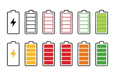Temiz taslak biçiminde renkli pil seviyesi gösterge simgeleri. UI, uygulamalar, cihazlar ve teknolojik tasarımlar için çeşitli şarj durumlarını içerir. Dijital projeler ve mikrostoklar için mükemmel