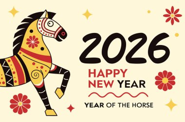 Çin 'in 2026 yılını, At Yılı' nı kutlayan canlı bir vektör tasarımı, dijital ve baskı kullanımı için geleneksel festival unsurları, şanslı semboller ve kültürel tatil aksanları içeriyor..