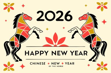 Çin 'in 2026 yılını, At Yılı' nı kutlayan canlı bir vektör tasarımı, dijital ve baskı kullanımı için geleneksel festival unsurları, şanslı semboller ve kültürel tatil aksanları içeriyor..