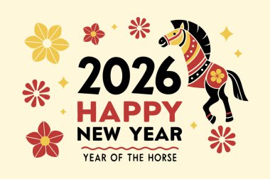 Çin 'in 2026 yılını, At Yılı' nı kutlayan canlı bir vektör tasarımı, dijital ve baskı kullanımı için geleneksel festival unsurları, şanslı semboller ve kültürel tatil aksanları içeriyor..