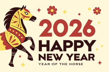 Çin 'in 2026 yılını, At Yılı' nı kutlayan canlı bir vektör tasarımı, dijital ve baskı kullanımı için geleneksel festival unsurları, şanslı semboller ve kültürel tatil aksanları içeriyor..