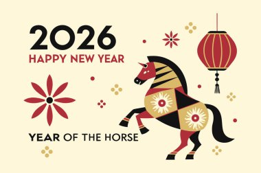 Çin 'in 2026 yılını, At Yılı' nı kutlayan canlı bir vektör tasarımı, dijital ve baskı kullanımı için geleneksel festival unsurları, şanslı semboller ve kültürel tatil aksanları içeriyor..