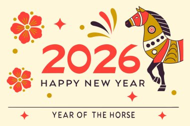 Çin 'in 2026 yılını, At Yılı' nı kutlayan canlı bir vektör tasarımı, dijital ve baskı kullanımı için geleneksel festival unsurları, şanslı semboller ve kültürel tatil aksanları içeriyor..