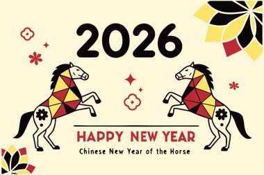 Çin 'in 2026 yılını, At Yılı' nı kutlayan canlı bir vektör tasarımı, dijital ve baskı kullanımı için geleneksel festival unsurları, şanslı semboller ve kültürel tatil aksanları içeriyor..