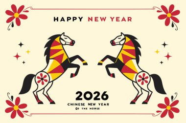 Çin 'in 2026 yılını, At Yılı' nı kutlayan canlı bir vektör tasarımı, dijital ve baskı kullanımı için geleneksel festival unsurları, şanslı semboller ve kültürel tatil aksanları içeriyor..