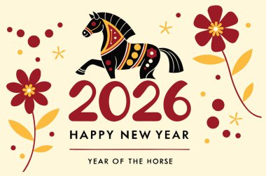 Çin 'in 2026 yılını, At Yılı' nı kutlayan canlı bir vektör tasarımı, dijital ve baskı kullanımı için geleneksel festival unsurları, şanslı semboller ve kültürel tatil aksanları içeriyor..