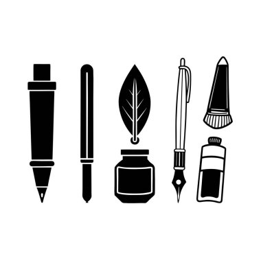 Kalem, tüy kalem, dolmakalem, fırça, keçeli kalem, mekanik kalem ve boya tüpü de dahil olmak üzere temiz ve modern vektör simgeleri kümesi. Tasarım, sanat ve eğitim projeleri için ideal.