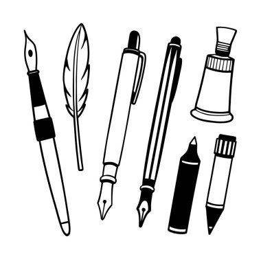 Kalem, tüy kalem, dolmakalem, fırça, keçeli kalem, mekanik kalem ve boya tüpü de dahil olmak üzere temiz ve modern vektör simgeleri kümesi. Tasarım, sanat ve eğitim projeleri için ideal.