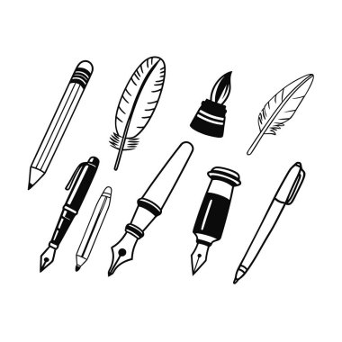 Kalem, tüy kalem, dolmakalem, fırça, keçeli kalem, mekanik kalem ve boya tüpü de dahil olmak üzere temiz ve modern vektör simgeleri kümesi. Tasarım, sanat ve eğitim projeleri için ideal.