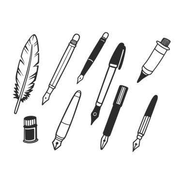 Kalem, tüy kalem, dolmakalem, fırça, keçeli kalem, mekanik kalem ve boya tüpü de dahil olmak üzere temiz ve modern vektör simgeleri kümesi. Tasarım, sanat ve eğitim projeleri için ideal.