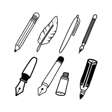 Kalem, tüy kalem, dolmakalem, fırça, keçeli kalem, mekanik kalem ve boya tüpü de dahil olmak üzere temiz ve modern vektör simgeleri kümesi. Tasarım, sanat ve eğitim projeleri için ideal.