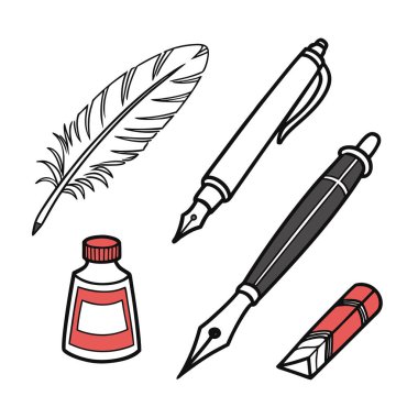 Kalem, tüy kalem, dolmakalem, fırça, keçeli kalem, mekanik kalem ve boya tüpü de dahil olmak üzere temiz ve modern vektör simgeleri kümesi. Tasarım, sanat ve eğitim projeleri için ideal.